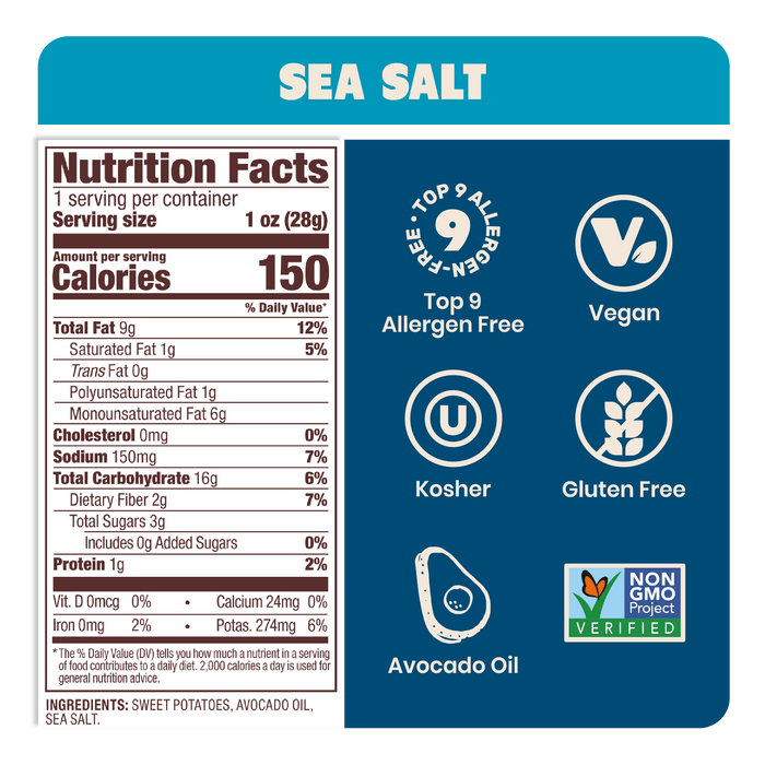 Nutrition Label Sea Salt Sweet Potato Chips in premium Avocado Oil 1oz - 30 Bags. Clean, gluten-free and paleo snack