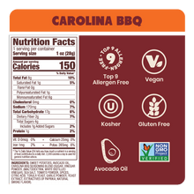Load image into Gallery viewer, Nutrition Label Gluten-free Carolina BBQ Sweet Potato Chips in Avocado Oil 1oz. Vegan snack