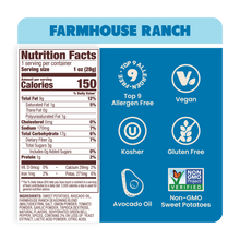 Load image into Gallery viewer, Nutrition Label Farmhouse Ranch Sweet Potato Chips in premium Avocado Oil 1oz - 30 Bags. Gluten-free and keto snack