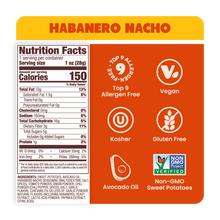 Load image into Gallery viewer, Nutrition Label Habanero crunchy Nacho Sweet Potato Chips in Avocado Oil 1oz - 30 Bags. Whole30-approved and paleo snack