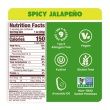 Load image into Gallery viewer, Nutrition Label Spicy Jalapeño Sweet Potato Chips in Avocado Oil 1oz - 30 Bags. Whole30 & dairy-free snack