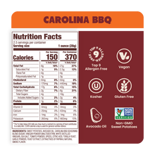 Load image into Gallery viewer, Nutrition Label Carolina BBQ Sweet Potato Chips in premium Avocado Oil 2.5oz. Vegan and Natural Chips