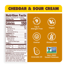 Load image into Gallery viewer, Nutrition Label of Jackson's cheddar & sour cream flavored kettle cooked sweet potato chips