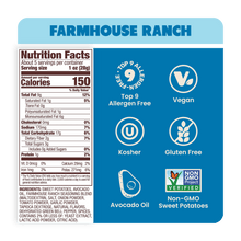 Load image into Gallery viewer, Nutrition Label of vegan Farmhouse Ranch Sweet Potato Chips in Avocado Oil 5oz - 8 Bags. No seed oil chips