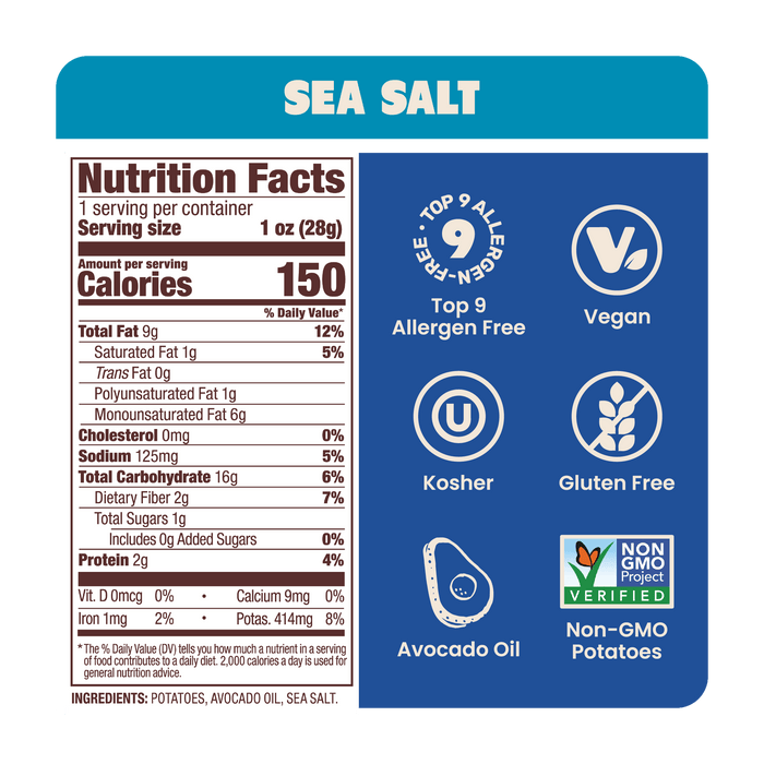 Nutrition label for Jackson's Classic Kettle Chips Sea Salt flavor for 1oz snack size bags, allergen free, vegan, gluten free, kosher, non-GMO potatoes, cooked in avocado oil