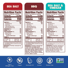 Load image into Gallery viewer, Jackson's Kettle Chips Cooked in Avocado Oil Nutrition Label Sea Salt, BBQ, Sea Salt & Vinegar