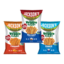 Load image into Gallery viewer, Jackson's Super Veggie Straws in Sea Salt, Ranch, and Cheddar flavors - allergen-free snacks cooked in premium avocado oil. Discover crunchy, better-for-you veggie straws perfect for all dietary needs.