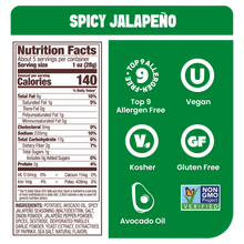 Load image into Gallery viewer, Jackson's Spicy Jalapeno Kettle Chips Cooked In Avocado Oil Nutrition Label. Gluten Free, vegan, free from the top 9 allergens.