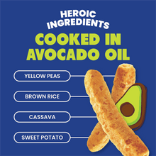 Load image into Gallery viewer, Jackson's Super Veggie Straws heroic ingredients - cooked in premium avocado oil with yellow peas, brown rice, cassava, and sweet potato. Discover better-for-you, dairy-free veggie straws with quality ingredients.