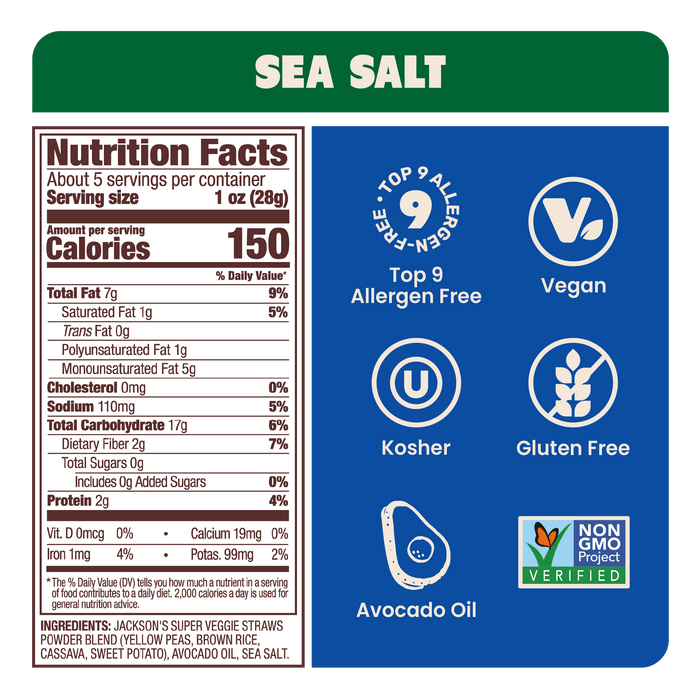 Jackson's Super Veggie Straws nutrition facts - transparent ingredients and allergen information. Discover vegan, gluten-free, kosher veggie straws with only 150 calories per serving. Whole30 and paleo friendly.