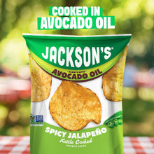Load image into Gallery viewer, Jackson's Spicy Jalapeño Kettle Chips cooked in avocado oil. Vegan, Gluten-free, perfect for lunch.