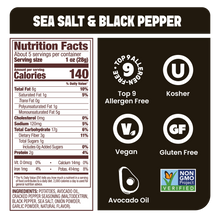 Load image into Gallery viewer, Jackson's Sea Salt & Cracked Pepper Kettle Chip Cooked in Avocado Oil Nutrition Label, Top 9 allergen free, gluten free, vegan.