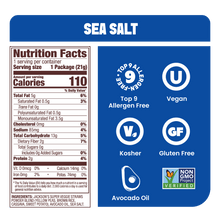 Load image into Gallery viewer, Jackson's Sea Salt Super Veggie Straws Nutrition label. top 9 allergen free, vegan, gluten free, non-gmo, cooked in avocado oil veggie snack. Snack size bags for school or lunch.