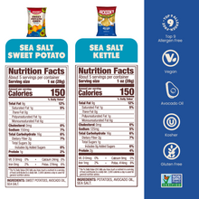 Load image into Gallery viewer, Nutrition label for Jackson's Classic Kettle Chips and Sweet Potato Sea Salt flavor for 5oz snack size bags, allergen free, vegan, gluten free, kosher, non-GMO potatoes, cooked in avocado oil