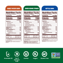 Load image into Gallery viewer, Jackson's Sea Salt Variety Pack Snacks, snack size bags, nutrition label, sweet potato chips, kettle chips and super veggie straws. All cooked in avocado oil. Glute free, dairy free, vegan, free of top 9 allergens. All Sea Salt flavors.