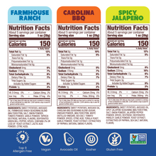 Load image into Gallery viewer, Jackson's Sweet Potato Chips cooked in avocado oil. Nutrition Labels of Farmhouse Ranch, Carolina BBQ, Spicy Jalapeno.