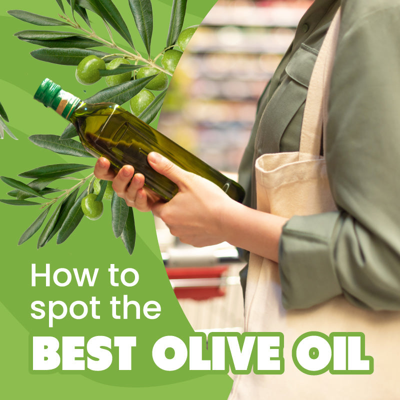 Bottles of olive oil lined up on a grocery store shelf for label reading tips