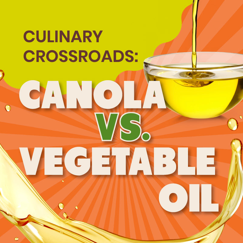 Bottles of canola oil and vegetable oil side by side on a kitchen counter for comparison