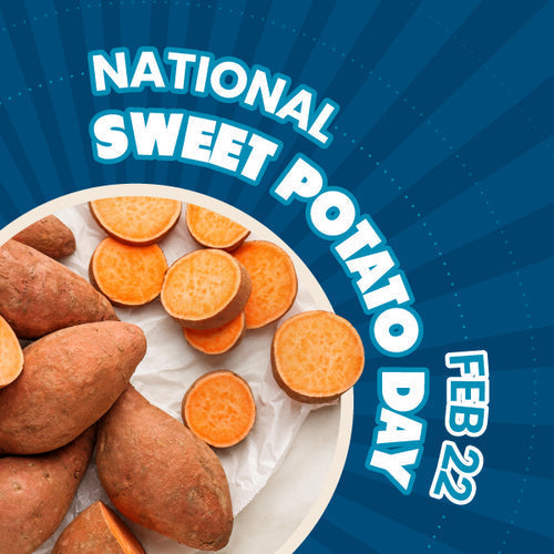 Graphic for national sweet potato day with plate of sliced sweet potatoes