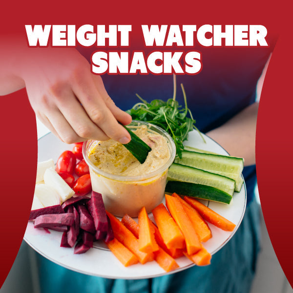 weight watchers snacks image with lady dipping into a vegetable crudite plate
