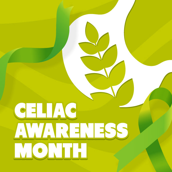 Celiac Awareness Month graphic featuring ribbon, stomach, and wheat