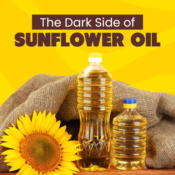The Dark Side of Sunflower Oil Lettering with Plastic Bottles, Burlap, and Sunflower plant