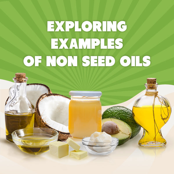 Blog graphic with text "Exploring examples of non seed oils" and coconut oil, avocado oil, and other oils