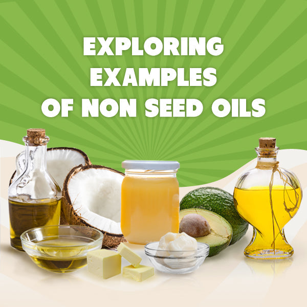 Blog graphic with text "Exploring examples of non seed oils" with coconut oil, avocado oil, and other oils