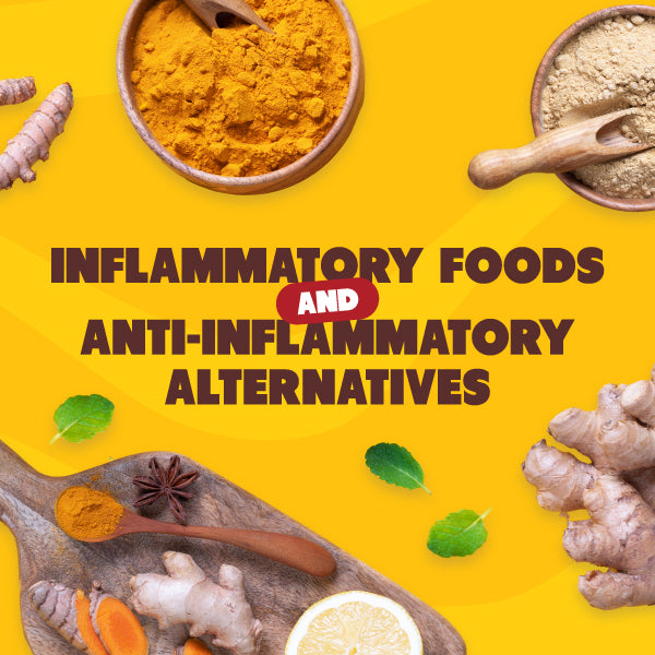Graphic with tumeric, ginger and text "Inflammatory foods and anti-inflammatory alternatives"