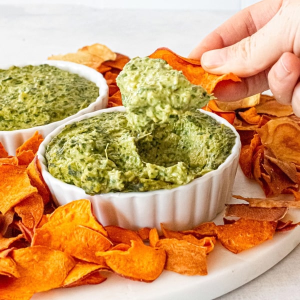 Green Goddess dip surrounded by Jackson's Sweet Potato Chips