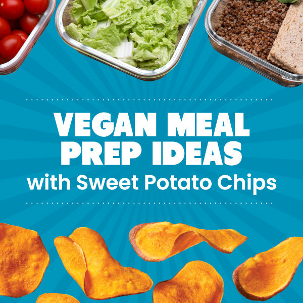 Vegan meal prep bowls topped with crunchy sweet potato chips made with avocado oil