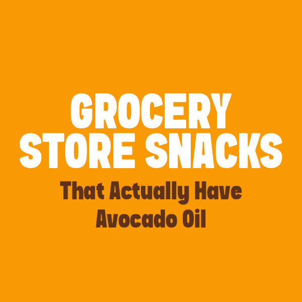 Grocery store snack aisle graphic featuring bags of snacks made with avocado oil