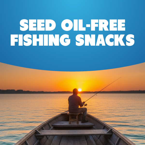 Fuel Your Cast fishing snacks guide graphic with avocado and boat illustration