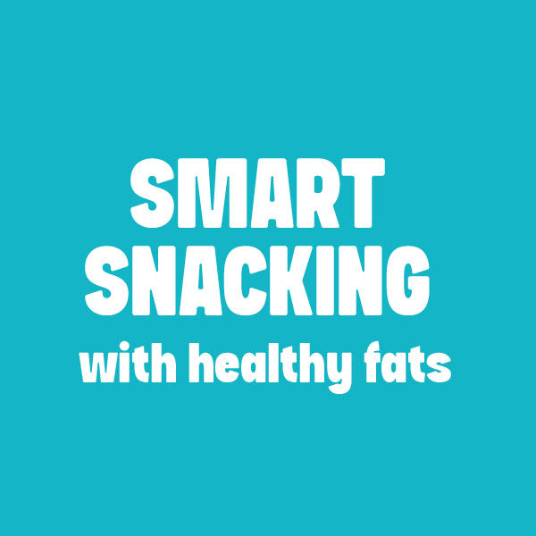 Graphic for smart snacking with real fats featuring avocado oil and whole food snack ingredients