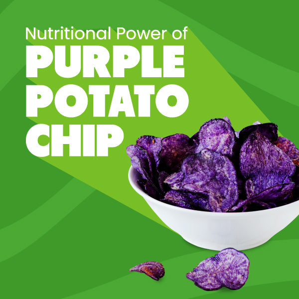 bowl of purple potato chips with text