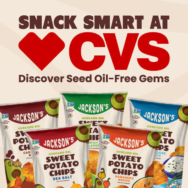 CVS snack aisle featuring Jackson's and other snacks made with avocado oil and real ingredients