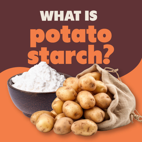 "What is Potato Starch?" text with bowl of potato starch and sack of potatoes
