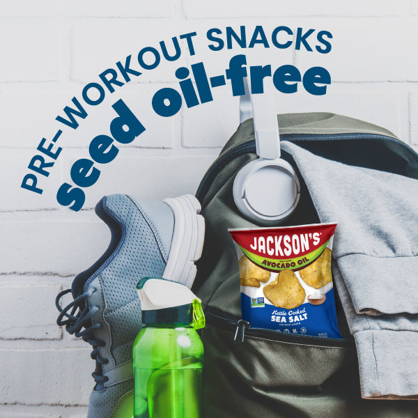 Graphic with text "Pre-workout snacks seed oil-free" and sneakers and headphones for gym