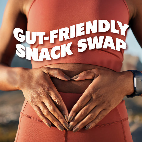 woman exercising with text "gut-friendly snack swap"