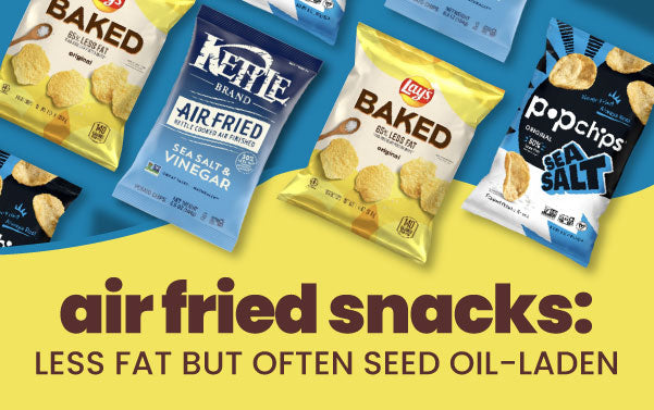 graphic for air-fried vs deep kettle fried snacks article with chip bags