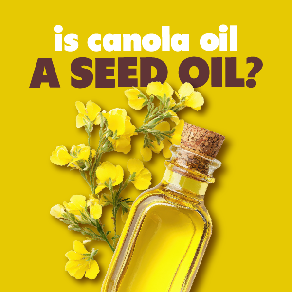 blog graphic with oil bottle, flowers, and text "is canola oil a seed oil?"