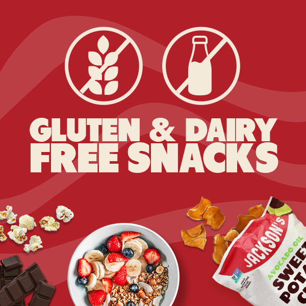Gluten free and dairy free snacks image showing popcorn, chocolate, and sweet potato chips