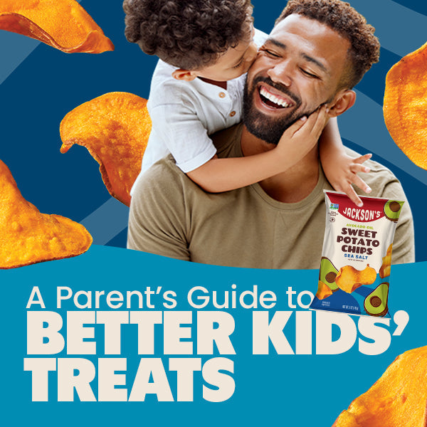 Father and Son with Jackson's chips and the text "A Parent's Guide to Better Kids' Treats" for Seed Oil Free Kids Snacks article