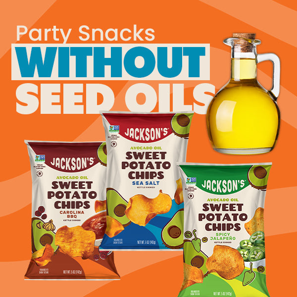 Jackson's chips and Super Veggie Straws made with avocado oil arranged as party snacks