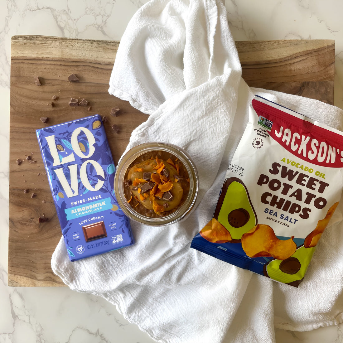 Overnight oats with chocolate and sweet potato chips on the side.
