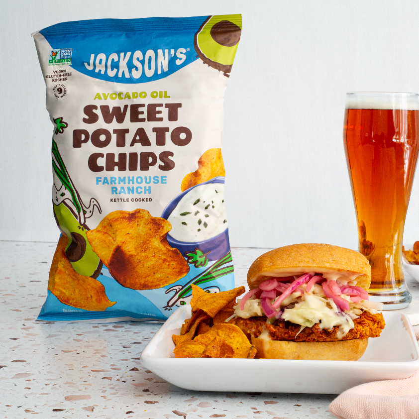 Gluten-free Ranch Chicken Sandwich with Jackson's Sweet Potato Chips cooked in avocado oil