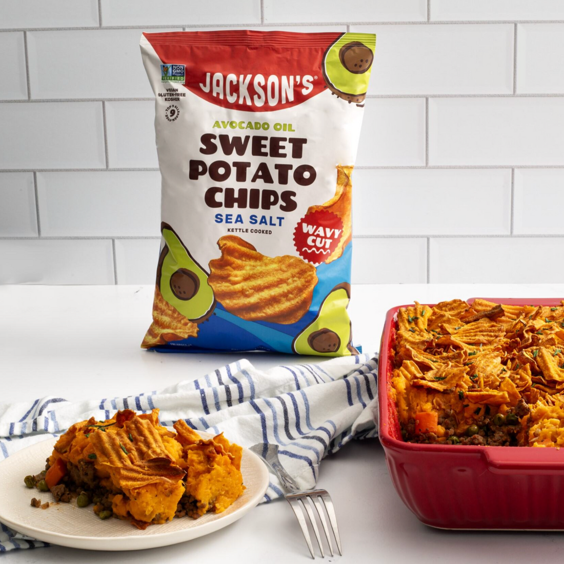 Sweet Potato Sheppard's Pie with Jackson's Sea Salt Wavy Sweet Potato Chips cooked in avocado oil