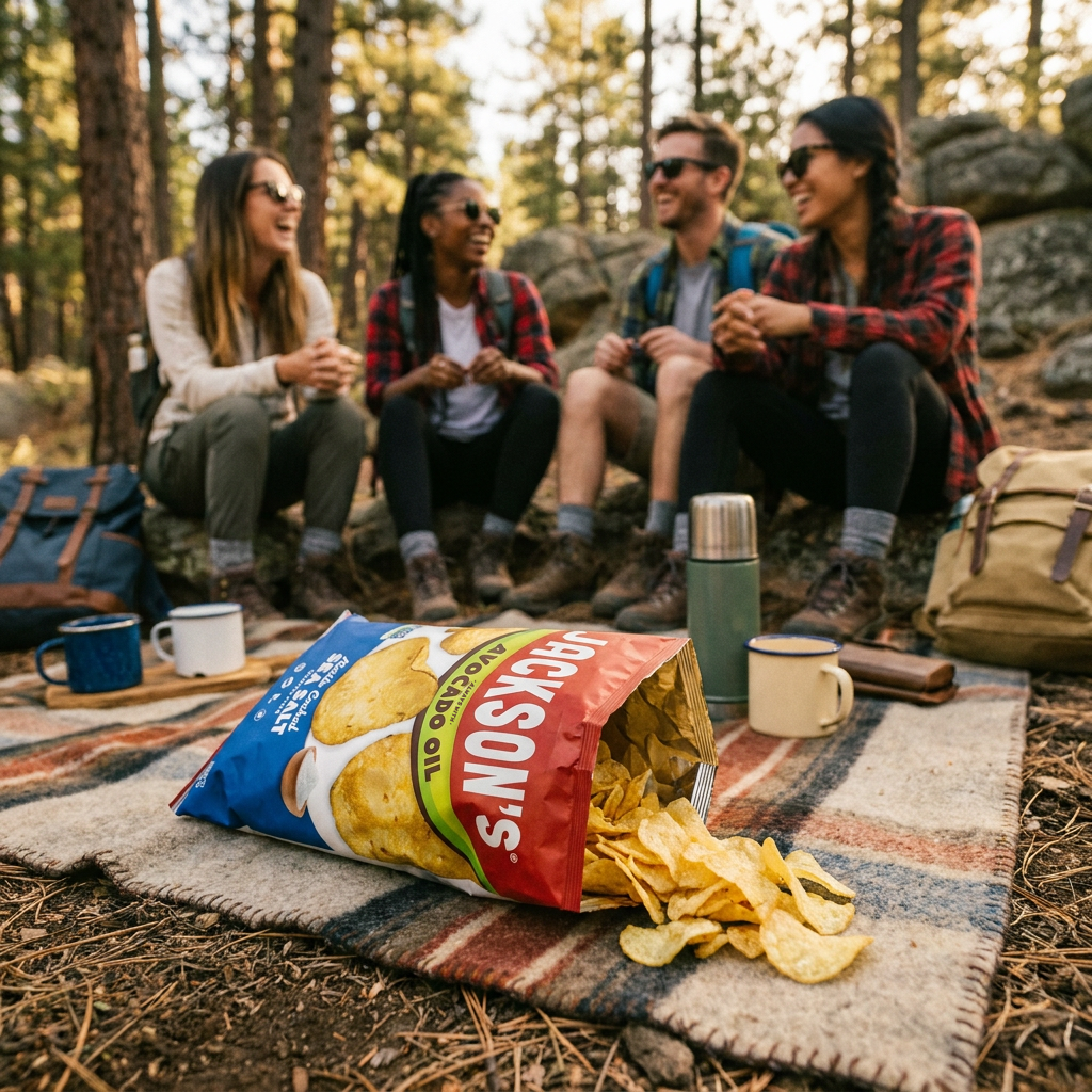 Group of friends on road trip camping outdoors in the woods snacking on Jackson's chips
