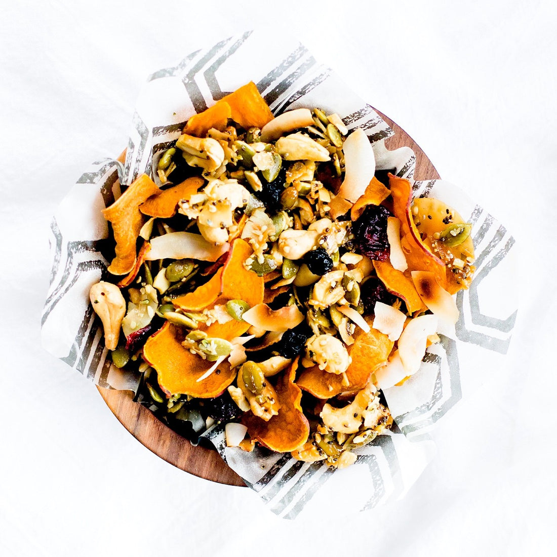 Sweet potato chip and nut mix in a bowl