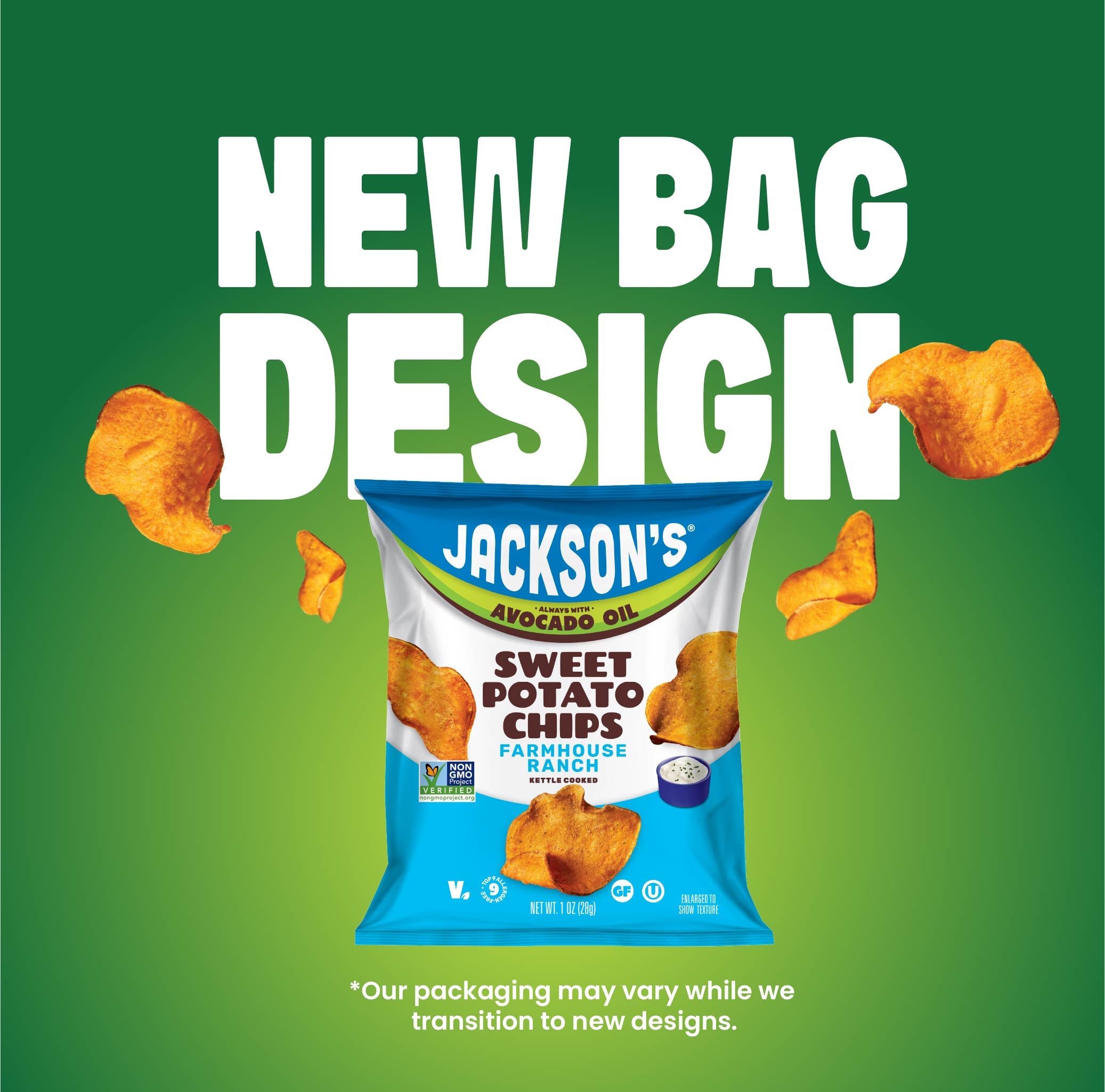 Farmhouse Ranch Sweet Potato Chips New Bag Design 1oz, new bag design coming, our packaging may very while we transition to new designs.